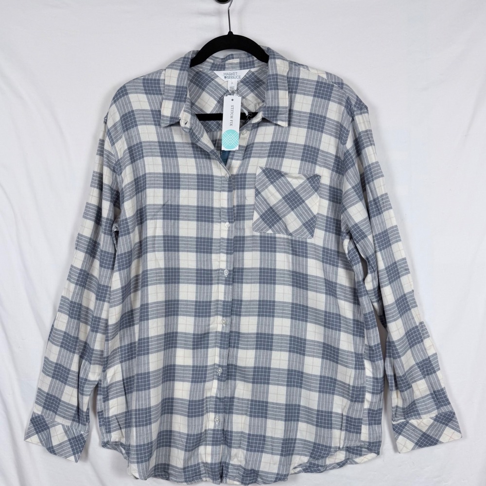 NWT Market & Spruce Blue Plaid Lightweight Flannel Shirt Large Cozy Layers Fall